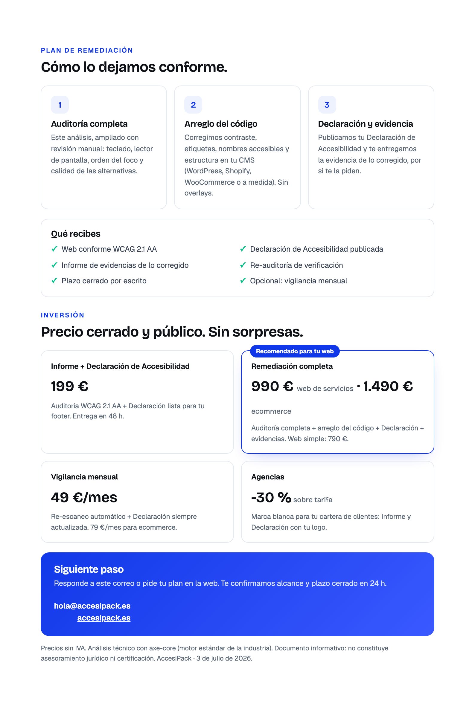 Página de plan e inversión: tres pasos de remediación, qué recibes y precios cerrados con el plan recomendado destacado
