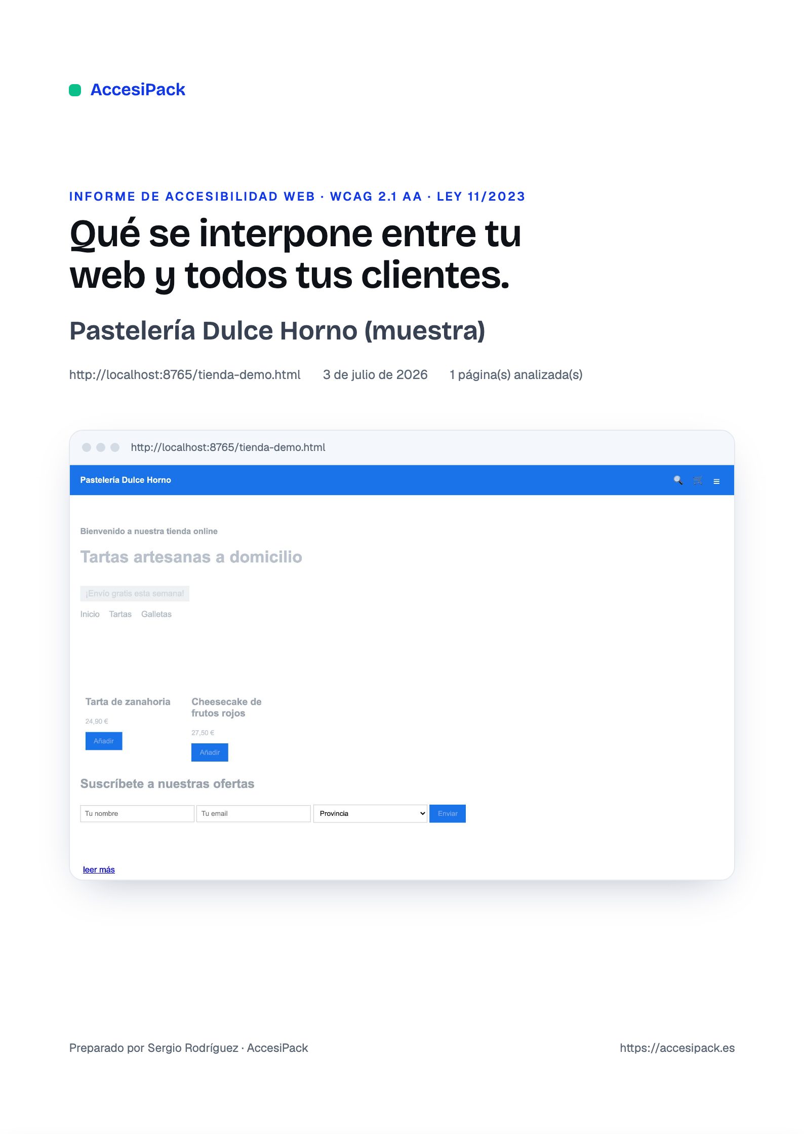 Portada del informe: título, nombre del negocio y captura real de su web enmarcada